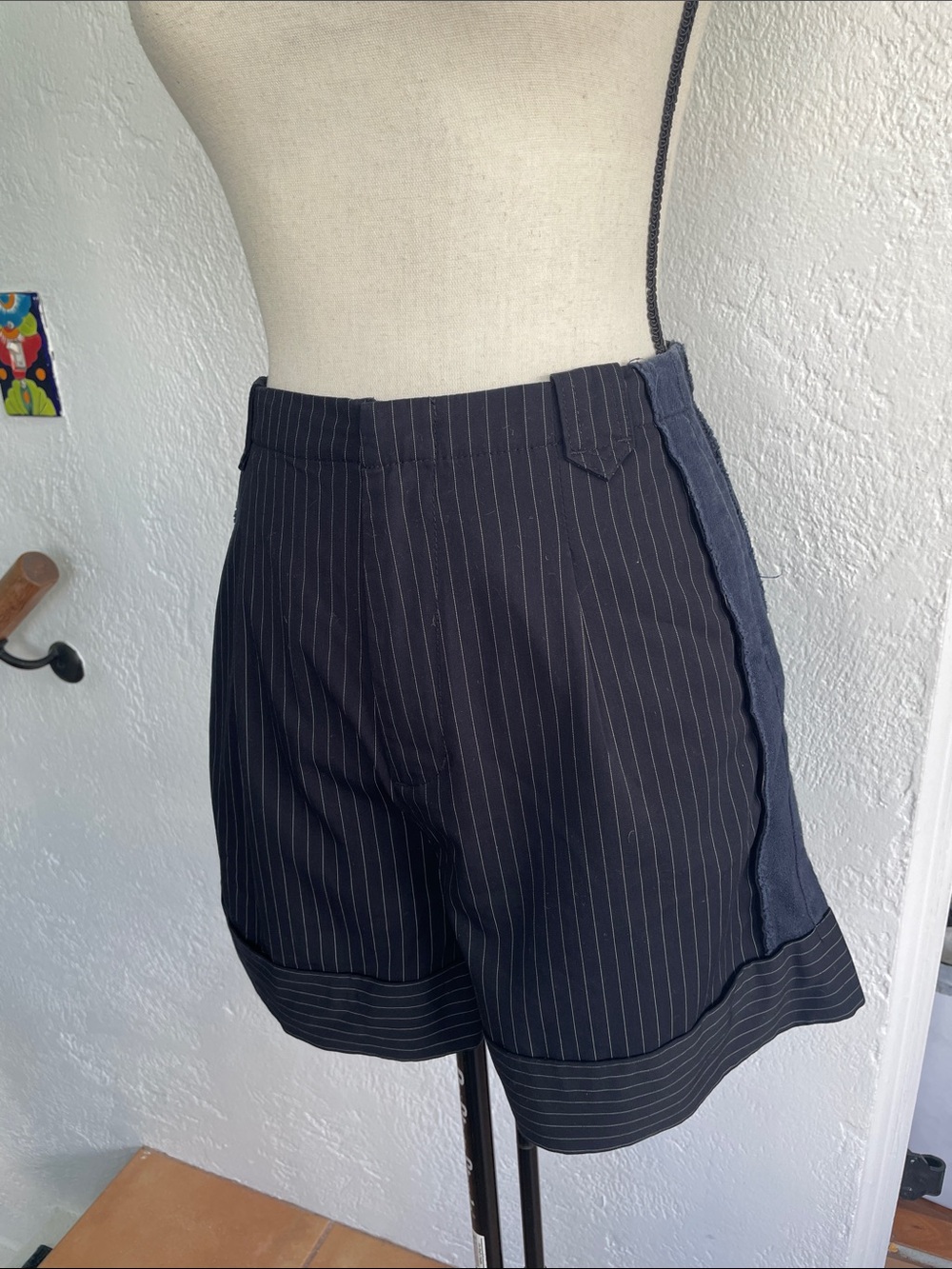 Initial Pin Striped Navy High-Waist Women's Trouser Shorts With Denim Stripe S